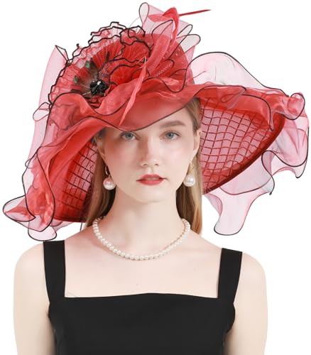 ORIDOOR Women Organza Fascinator Church Derby Hat Floral Tea Party Wedding Hat - color: 868-red