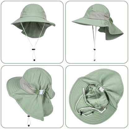 Toddler Baby Sun Hat Kids Summer Beach Essentials Adjustable Beach Hats with Bucket Wide Brim for Boys Girls Age 0-14 Years - color: 2 Pack - Army Green+beige, size: 0-6 Months