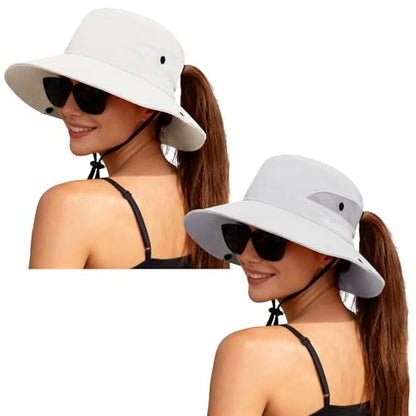 ZOORON Women's Ponytail Safari Sun Hat,Wide Brim UV Protection Bucket Hat - color: 2-pure Beige+pure Light Grey