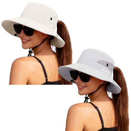 ZOORON Women's Ponytail Safari Sun Hat,Wide Brim UV Protection Bucket Hat - color: 2-pure Beige+pure Light Grey