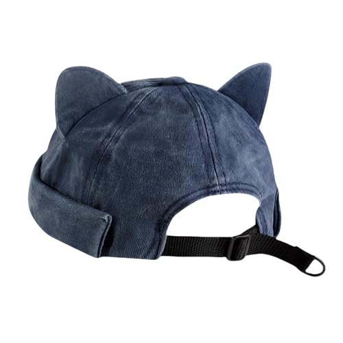 Cute Cat Ear Beanie Hats for Women Men Washed Cotton Brimless Docker Cap Retro Rolled Cuff Skull Cap - color: Navy Blue