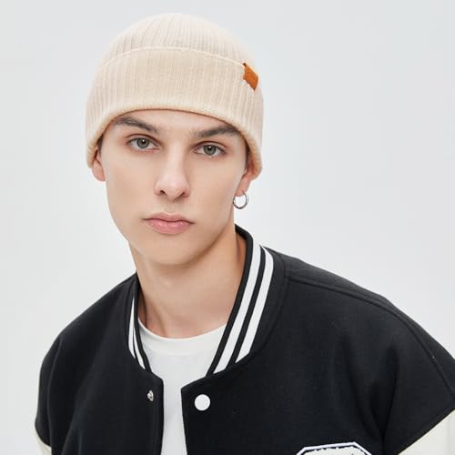 100% Merino Wool Fisherman Beanie Hat, Unisex Warm Winter Hats, Soft Breathable Knitted Short Cuffed Cap - color: Beige