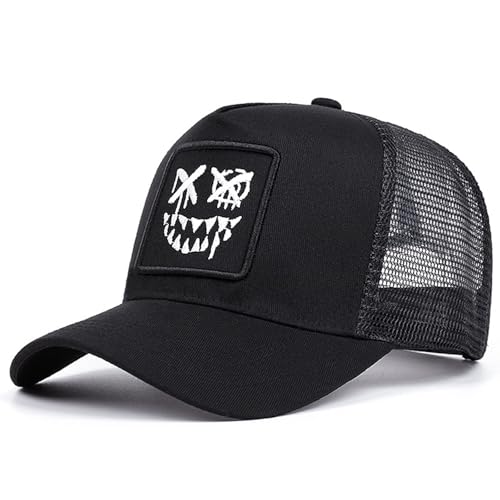 Trucker Hat for Men Women-Mesh Back Breathable Adjustable Snapback Cap-UV Protection Sun Hat for Summer Outdoor Activities - color: Evil Smile Black
