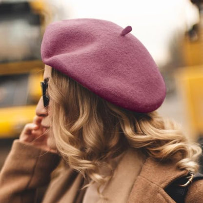 Lanzom Wool Blend Women Beret Hat French Beret Cap Winter Fashion Solid Color Hat for Women Girls Lady - color: Wine Red