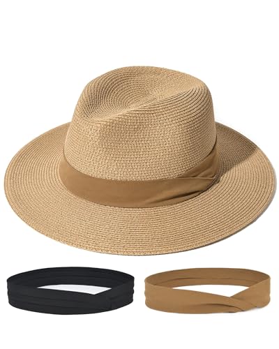 FURTALK Sun Hat Wide Brim Straw Fedora Panama Beach for Men Women - color: Black+brown Ribbon, size: Large-X-Large