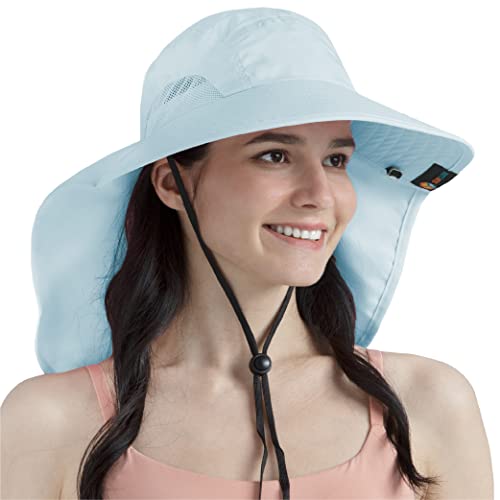 SUN CUBE Wide Brim Sun Hat with Neck Flap for Men Women, UPF50+ Fishing - color: Light Blue