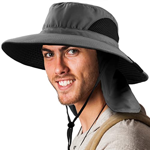 SUN CUBE Wide Brim Sun Hat for Men & Women, UPF 50+ UV Protection, Mesh Boonie Hat with Chin Strap, Fishing Hiking Hat - color: Grey With Flap