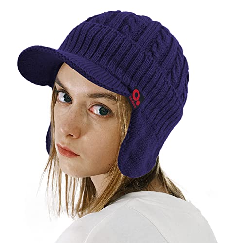 Women's Winter Cable Knitted Visor Beanie Fleece Lining Ear Flap Baseball Cap Hunting Trapper Hat with Billed - color: Blue,navy