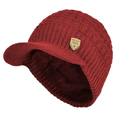 Women's Soft Knitting Visor Beanie Winter Hat with Brim Fleece Lining Baseball Cap - color: Red