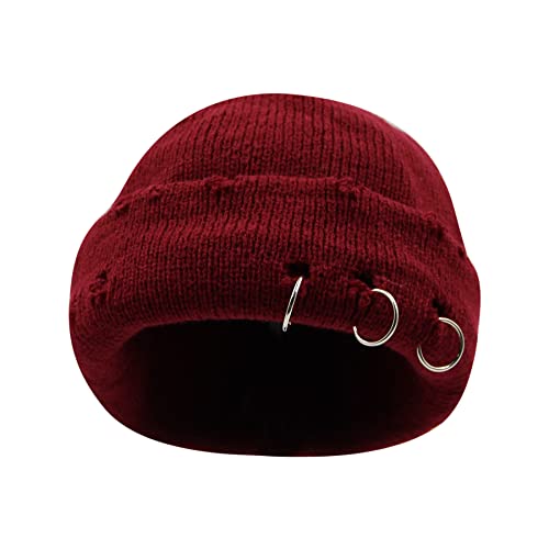 AIBEARTY Swag Short Fisherman Beanie for Men Women Rolled Cuff Beanie Skull Caps Wool Knit Winter Ski Hat with O Rings - color: Wine Red