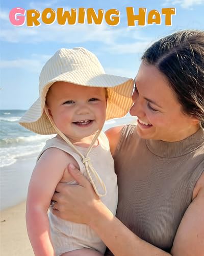 HONGTEYA Baby Sun Hat Muslin Wide Brim Toddler Girl Beach Bucket Hat - color: Yellow/Stripe, size: 0-6 Months