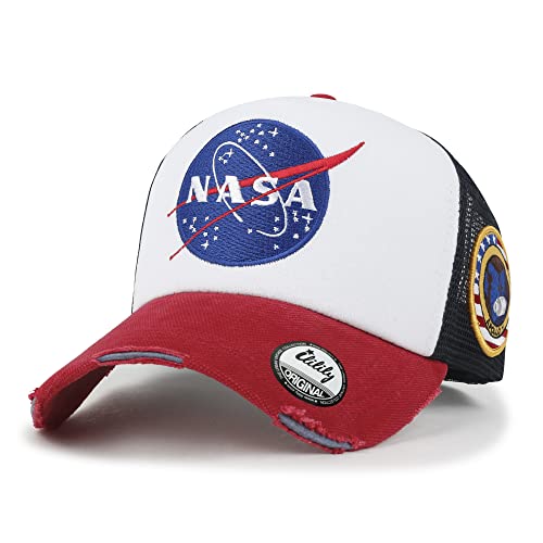 ililily NASA Meatball Logo Embroidery Baseball Cap Apollo 1 Patch Trucker Hat - color: Red & White - Premium, size: Large