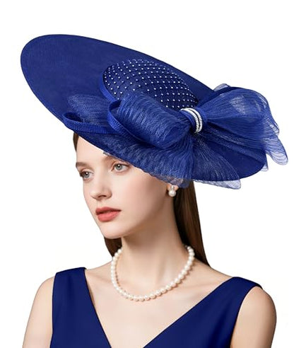 dressfan Wide Brim Fascinator Hats for Women,20s Linen Rhinestones Bow Big Hat for Derby Church Wedding Tea Party - color: Royal Blue