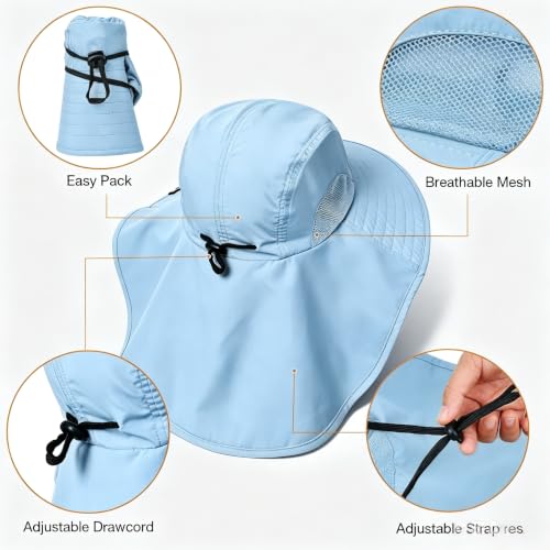 Solaris Small‑Head‑Fit Sun Hat with Neck Flap for Men & Women - color: #2 Blue, size: Medium