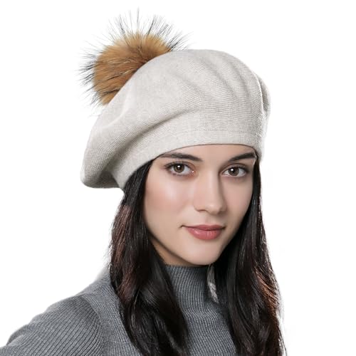 Womens Winter Beret Hat Knitted Beanie Cap Autumn Winter Hat French Classic Beret - color: Beige+brown Pompom