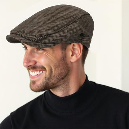 Senker Fashion 2 Pack Newsboy Cap for Men, Wool Blend Tweed Flat Cap - color: Black Light Brown
