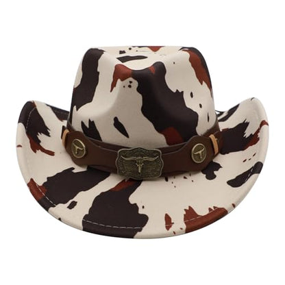 Western Cowboy Hat for Men Cowgirl Hat for Women Unisex Wide Brim Felt Fedora Hats Classic Cowboy Hats - color: Cowprint