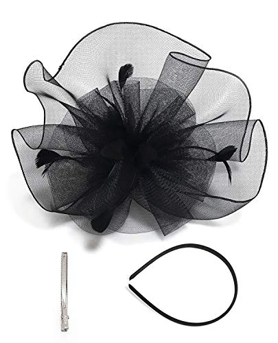 Z&X Sinamay Fascinator Hat Floral Feather Pillbox Derby Hats for Women Wedding Tea Party with Headband Clip - color: 006b Black
