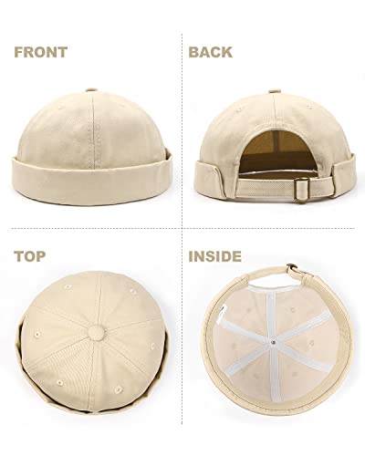 Zylioo Oversize XXL Brimless Hats,Large Rolled Cuff Skull Cap,Adjustable Sailor Docker Cap,Short No Visor Harbour Hat - color: Khaki, size: Large-X-Large