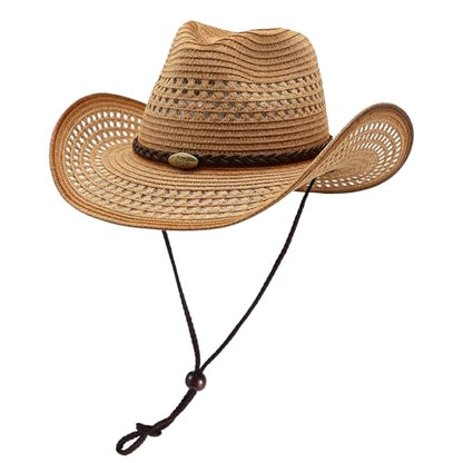 Straw Cowgirl Hat for Women Cowboy Hats for Men Wide Brim Sun Hat Shapeable Western Hat Beach Hat - color: Khaki-caramel