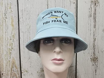 Women Want Me Fish Fear Me Embroidered Bucket Hat for Men Boy - color: Women Want Me Fish Fear Me - Light Blue