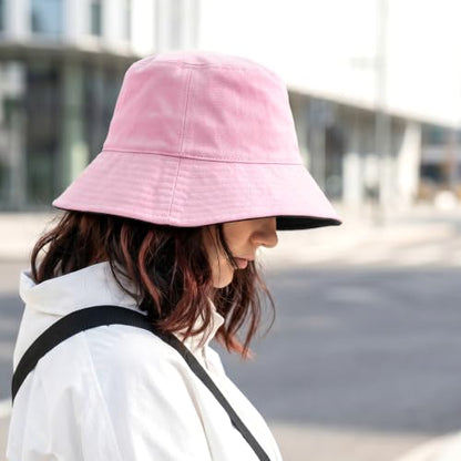 Bucket Hat for Women Men, Summer Sun Hats Foldable Reversible Fishing Hat Beach Hats for Outdoor Hiking Travel - color: Pink/Black