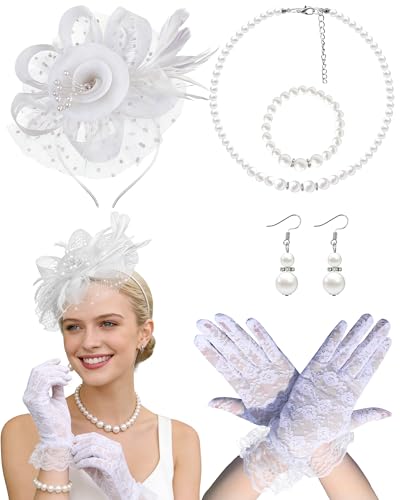 Fascinator Tea Party Hat Set for Women Elegant Vintage Accessories for High Tea Wedding Bridal Shower - color: White