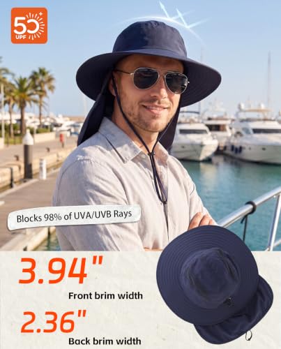 Home Prefer UPF 50+ Sun Hat with Neck Flap Wide Brim Fishing Hat for Men - color: Navy Blue