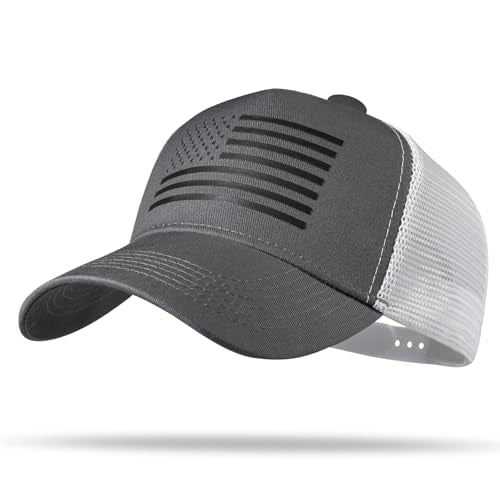 American Flag Trucker Hat - Snapback Hat, Baseball Cap for Men Women - Breathable Mesh Side, Adjustable Fit - for Casual Wear - color: Dark Gray/White