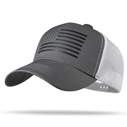American Flag Trucker Hat - Snapback Hat, Baseball Cap for Men Women - Breathable Mesh Side, Adjustable Fit - for Casual Wear - color: Dark Gray/White