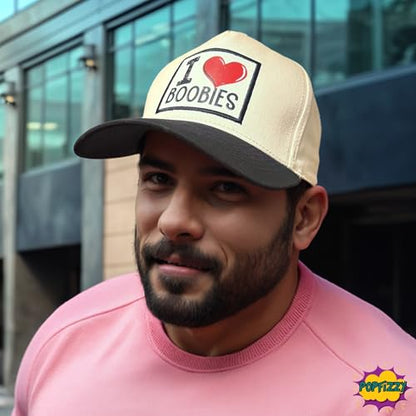 Popfizzy Funny Hats for Men and Women, Fun Adult Baseball Cap, Funny Birthday Gifts for Women and Men, Cool Dad Hat Gift Idea - color: I Love Boobies (Black)