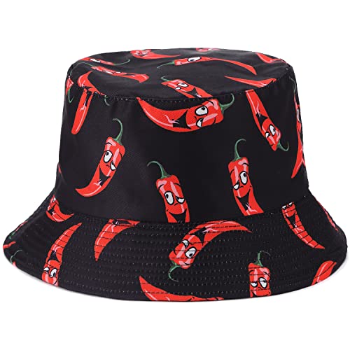BYOS Summer Fashion Print Cotton Bucket Sun Hat for Men Women, Reversible Black - color: Chili Pepper Black