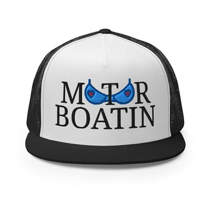 NX Motor Boatin Embroidered Flat Bill Trucker Hat High Crown Snapback Cap - color: Black/ White/ Black