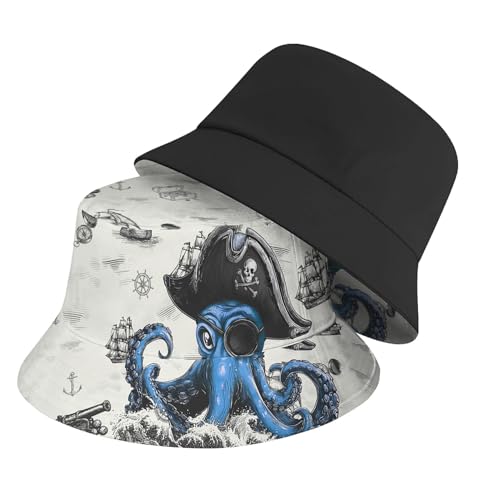 Amasnay Funny Bucket Hat Cotton Double-Side-Wear Reversible Sun Hat for Women Men, Summer Vacation Travel Beach Fisherman Hat - color: Blue Pirate Octopus
