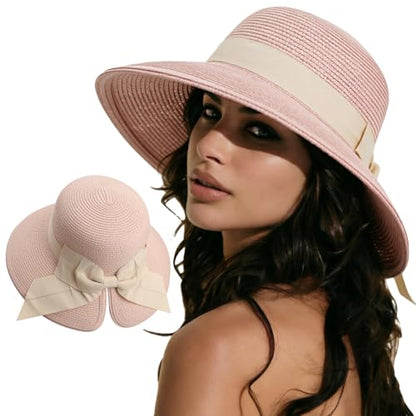 DRESHOW Sun Hats for Women Travel Fedora Foldable Beach Sun Hat Summer Wide Brim Straw Bucket Hat with Bowknot UPF 50+ - color: 1 Pack With Bowknot: Dusty Pink With Beige Band