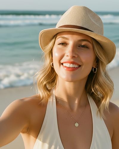 Straw Sun Hat for Men Women Short Brim Beach Trilby Hat UPF 50+ - color: Brown Belt Beige