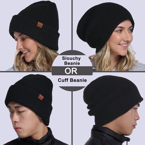 Large Slouchy Winter Hat for Cold Weather, Warm Loose Slouch and Cuffed Beanie Hats for Women Men - color: Black