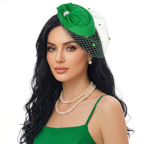 Fascinator Hat for Women Veil Fascinators Tea Party Wedding Retro Pillbox Hats for Cocktail Dresses Accessories - color: Green