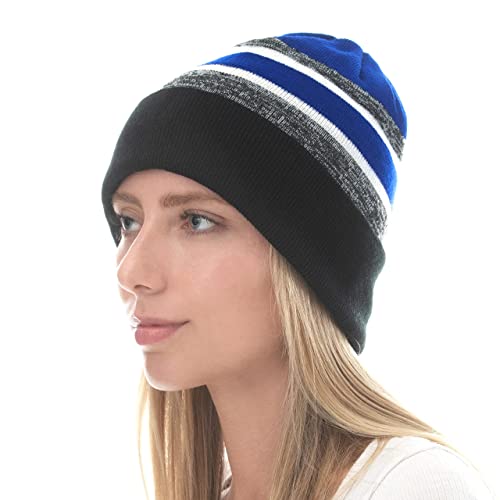 Winter Knit Beanie Hat with Pom Pom – Warm Cuffed Slouch Ski Cap for Men & Women - color: 2.black and Royal