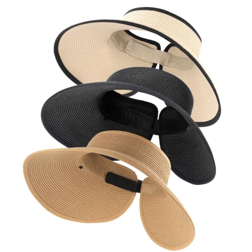 FURTALK Sun Hats for Women Wide Brim Ponytail Straw Visor Foldable Beach - color: Khaki+black+beige With Black