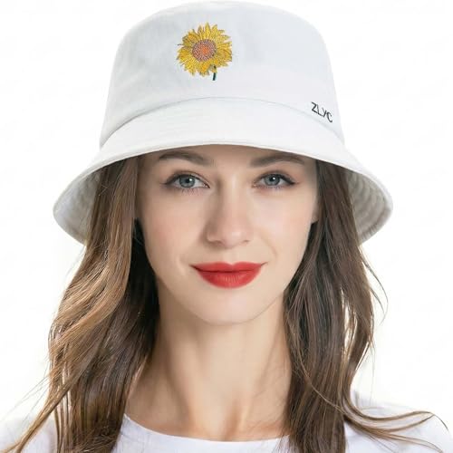 ZLYC Cotton Bucket Hat for Women Men Embroidered Packable Summer Sun Cap - color: Sunflower White