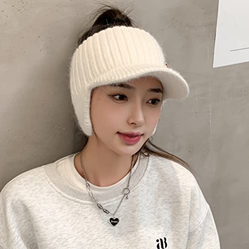 Open Beanie with Earflaps Visor Brim Bun Ponytail Winter Golf Tennis Hats Women - color: White