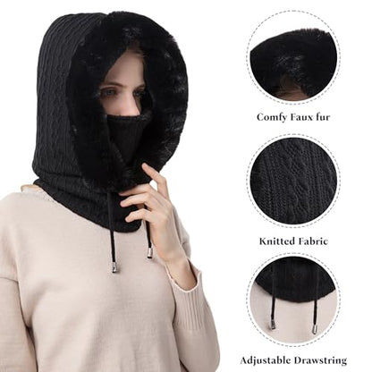 HUAMULAN Women Cable Knit Balaclavas Winter Fleece Lined Beanie Hat - color: Black
