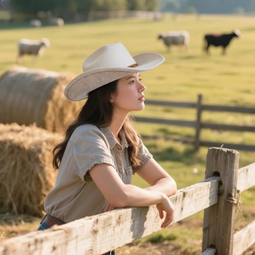 Cowboy Hat for Men and Women - Cattleman Wide Brim Western Cowgirl Hat with Gift Packaging - color: Beige, size: 7 1/8-7 1/4