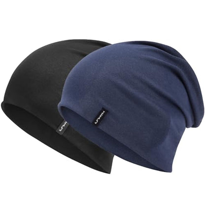HAMUNI Slouchy Beanie for Women Men Soft Cotton Chemo Hats Double-Layer Warm Beanie Cap for Daily Wear & Transitional Seasons - color: Black+blue