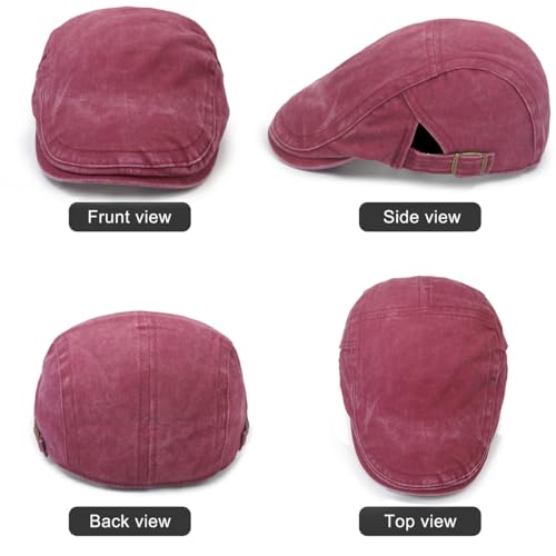 Initlove Mens Newsboy Cap Washed Beret Ivy Hat Flat Hats for Cabbie Driving - color: Black + Wine Red