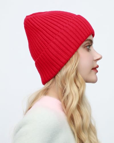 ROYBENS Womens Satin Lined Beanie for Men Wool Knit Cuffed Warm Winter Hats - color: 1pcs-red
