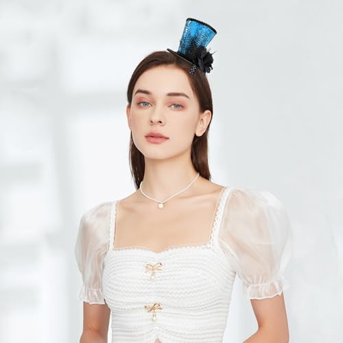 WLBON Halloween Mini Top Hat Headband 1920s Flower Sequins Hair Hoops Bands Fascinator Headpiece Hairband Women Christmas Holiday Festival Parade Cosplay Dress Up Birthday Tea Party Accessories Blue - color: Blue Tone