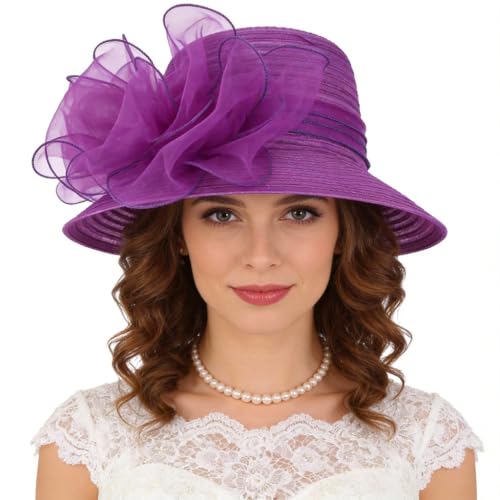 Ruphedy Women Derby Church Dress Bucket Hat Fascinators Tea Party Wedding Hat - color: S051-purple