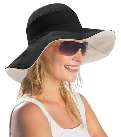 Womens Foldable Shapeable Brim Sun Hat UPF 50+ Cotton Wide Brim Beach Adjustable Chin Strap Hat Sun Protection Cap - color: Black